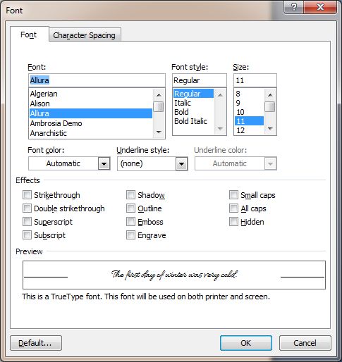 Word 2007 Tutorial: Font dialog box