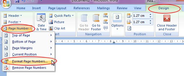 Microsoft Word 2007: Format Page Numbers button