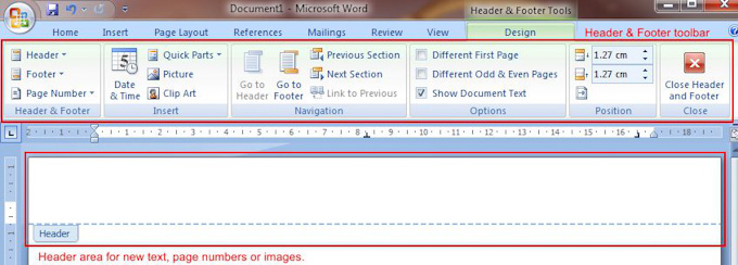 Microsoft Word 2007: Header & Footer toolbar