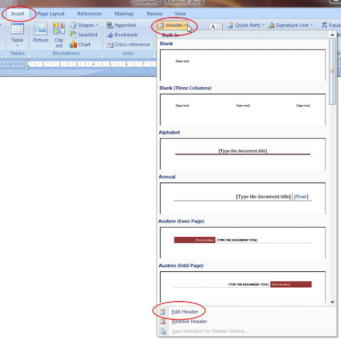 Microsoft Word 2007: Header button