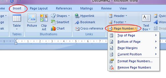 Microsoft Word 2007: Page Number button