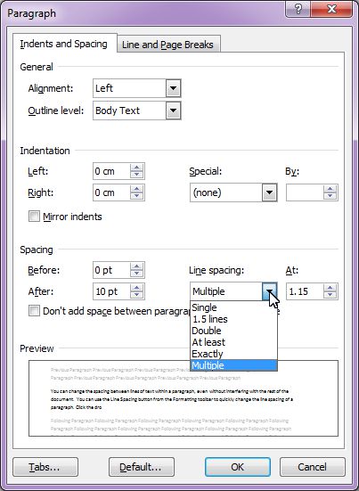 Microsoft Word 2007: Line Spacing - Paragraph dialog box