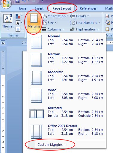 Microsoft Word 2007: Margins button