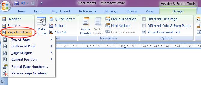 Microsoft Word 2007: Page Number button