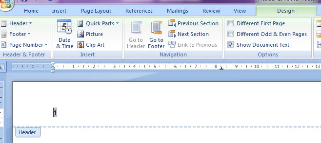 Microsoft Word 2007: Page Number in Header area example