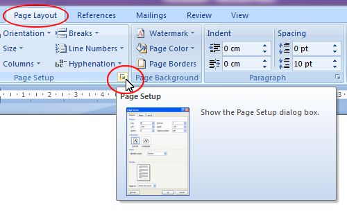 Microsoft Word 2007: Page Setup expand button