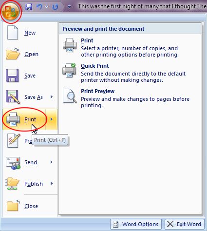 Microsoft Word 2007: Print option