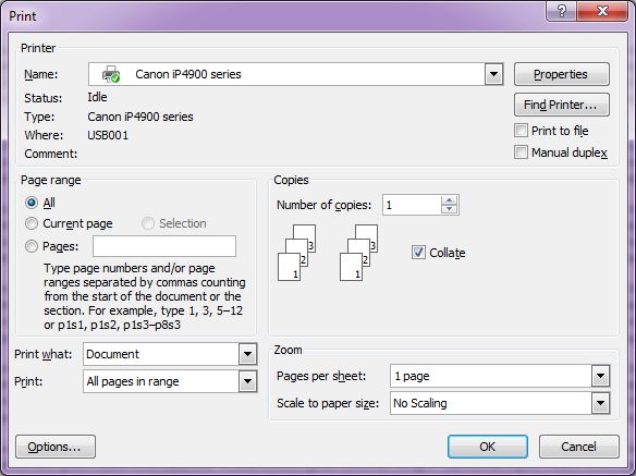 Microsoft Word 2007: Print dialog box