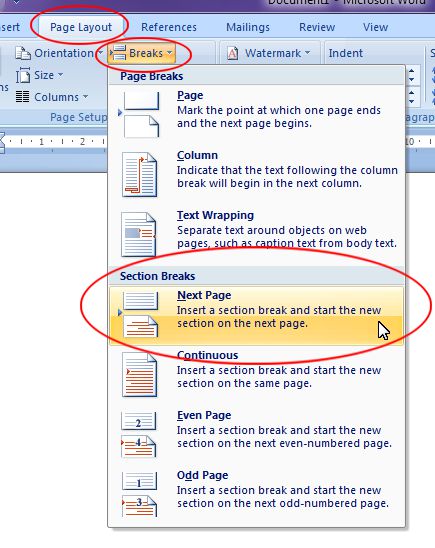 Microsoft Word 2007: Section break