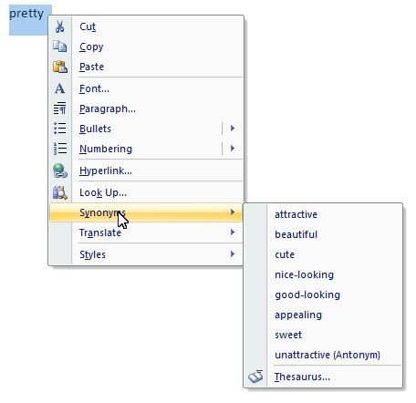 Microsoft Word 2007: Synonyms short-cut menu