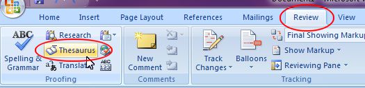 Microsoft Word 2007: Thesaurus button