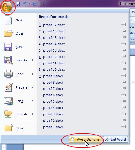 Microsoft Word 2007: Word Options button Microsoft Word 2007: Word Options button
