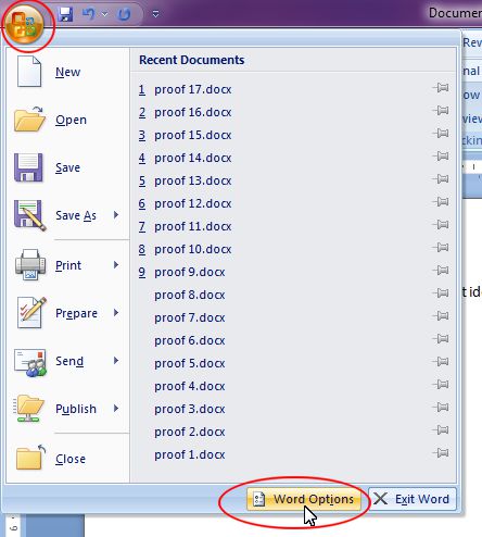 Microsoft Word 2007: Word Options button