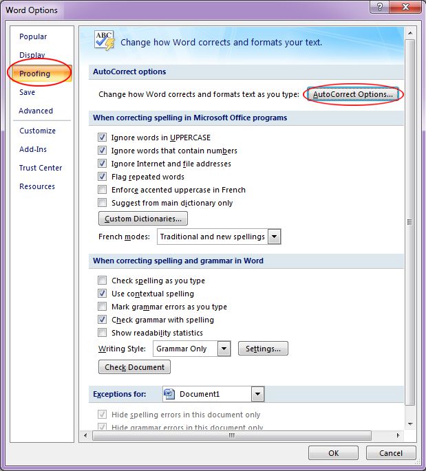 Microsoft Word 2007: Word Options dialog box