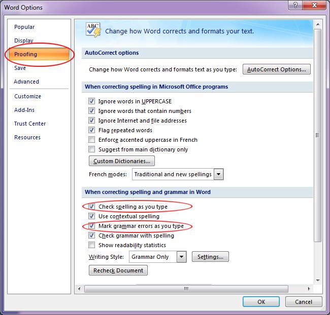 Microsoft Word 2007: Word Options dialog box