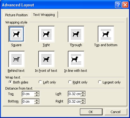 Word Wrap: Advanced Layout - Text Wrapping dialog box