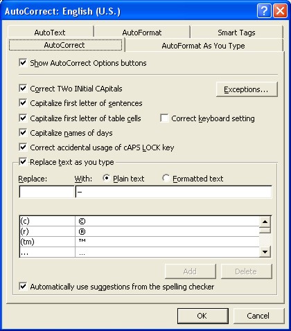 Microsoft Word Help: AutoCorrect tab
