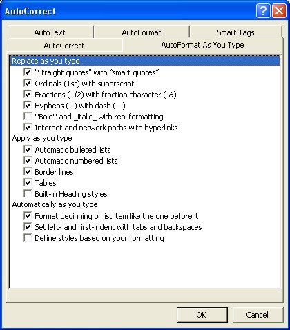 Microsoft Word Help: AutoFormat as you type tab