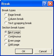 Microsoft Word Help: Break dialog box