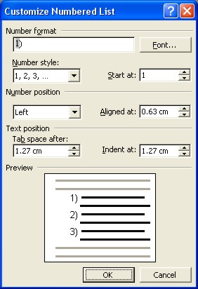 Microsoft Word Help: customize numbered list dialog box