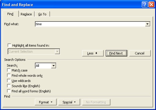 Word Finder: Find dialog box 2