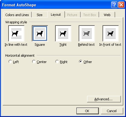 Word Wrap: Format AutoShape - layout tab