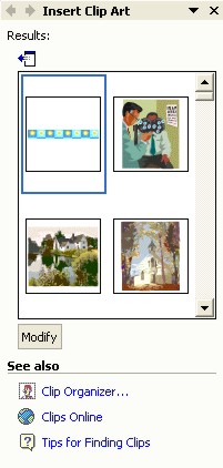 Microsoft Word ClipArt: Insert Clip Art task pane with images