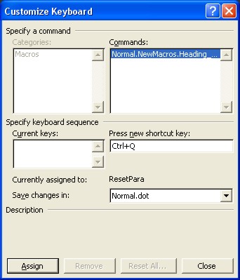 Word Macros: Customize Keyboard dialog box