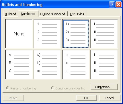 Microsoft Word Help: Numbered tab dialog box