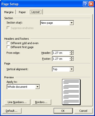 Microsoft Word Help: Page Setup dialog box - Layout tab