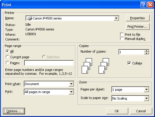 Microsoft Word Help: Print dialog box