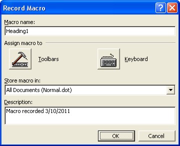 Word Macros: record macro dialog box