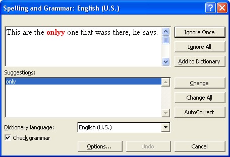 Spelling Word: Spelling and Grammar dialog box 1