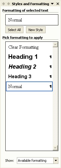 Microsoft Word Help: Styles and Formatting task pane