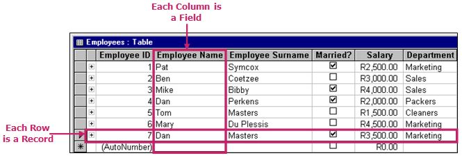 Access database: table layout example