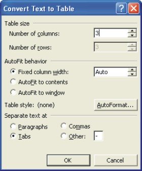 Word Tables: convert text to table dialog box Word Tables: convert text to table dialog box