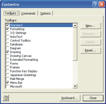 Microsoft Word Help: customize toolbars dialog box
