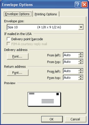Word Envelopes: envelope options dialog box