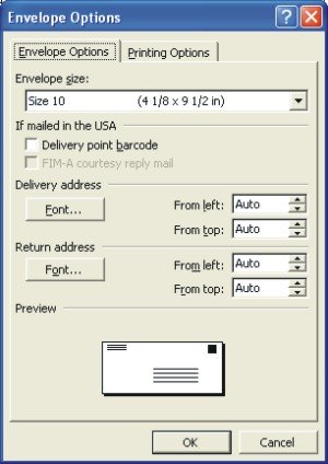 Word Envelopes: envelope options dialog box Word Envelopes: envelope options dialog box