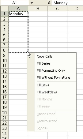 Excel for Dummies: AutoFill pop-up menu