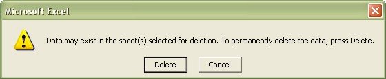 Excel Worksheets confirm deletion dialog box