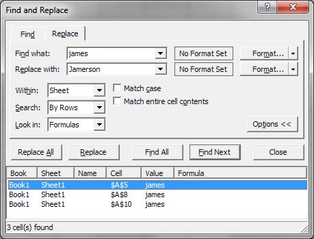 How to use Microsoft Excel Replace dialog box expanded