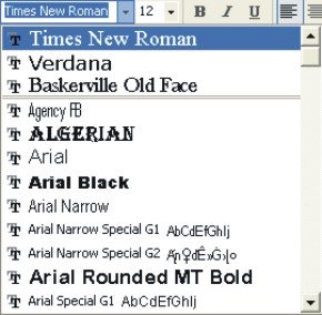 Microsoft Word Fonts: font drop-down list box