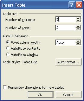 Word Tables: insert table dialog box Word Tables: insert table dialog box
