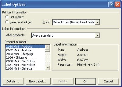 Word Labels: Label Options dialog box