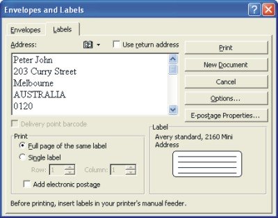 Word Labels : Envelopes and Labels dialog box at Labels tab