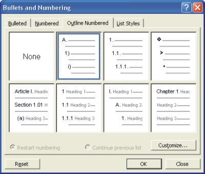 Microsoft Word Help: outline numbered list dialog box