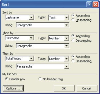 Sort a Word Table: sort dialog box Sort a Word Table: sort dialog box