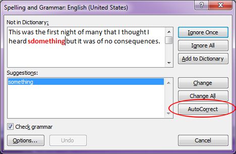 Microsoft Word 2007: AutoCorrect from the Spelling and Grammar dialog box