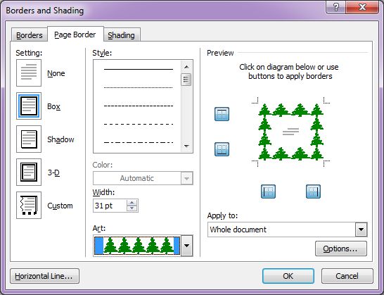 Microsoft Word 2007: Borders and Shading dialog box